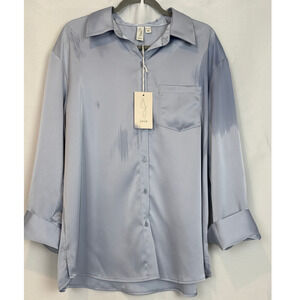 Joie Satin Boyfriend Button Down Shirt Size XL Dusty Blue Quiet Luxury NWT